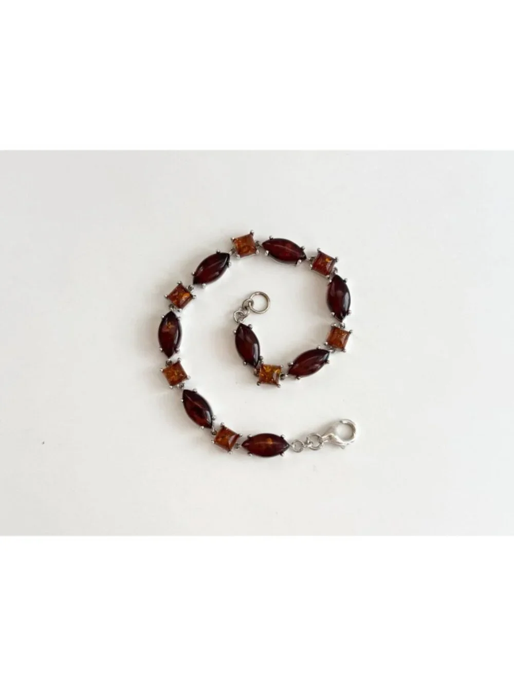 Natural Baltic Amber Marquise Chainlink Vintage Sterling Silver 925 Bracelet 7